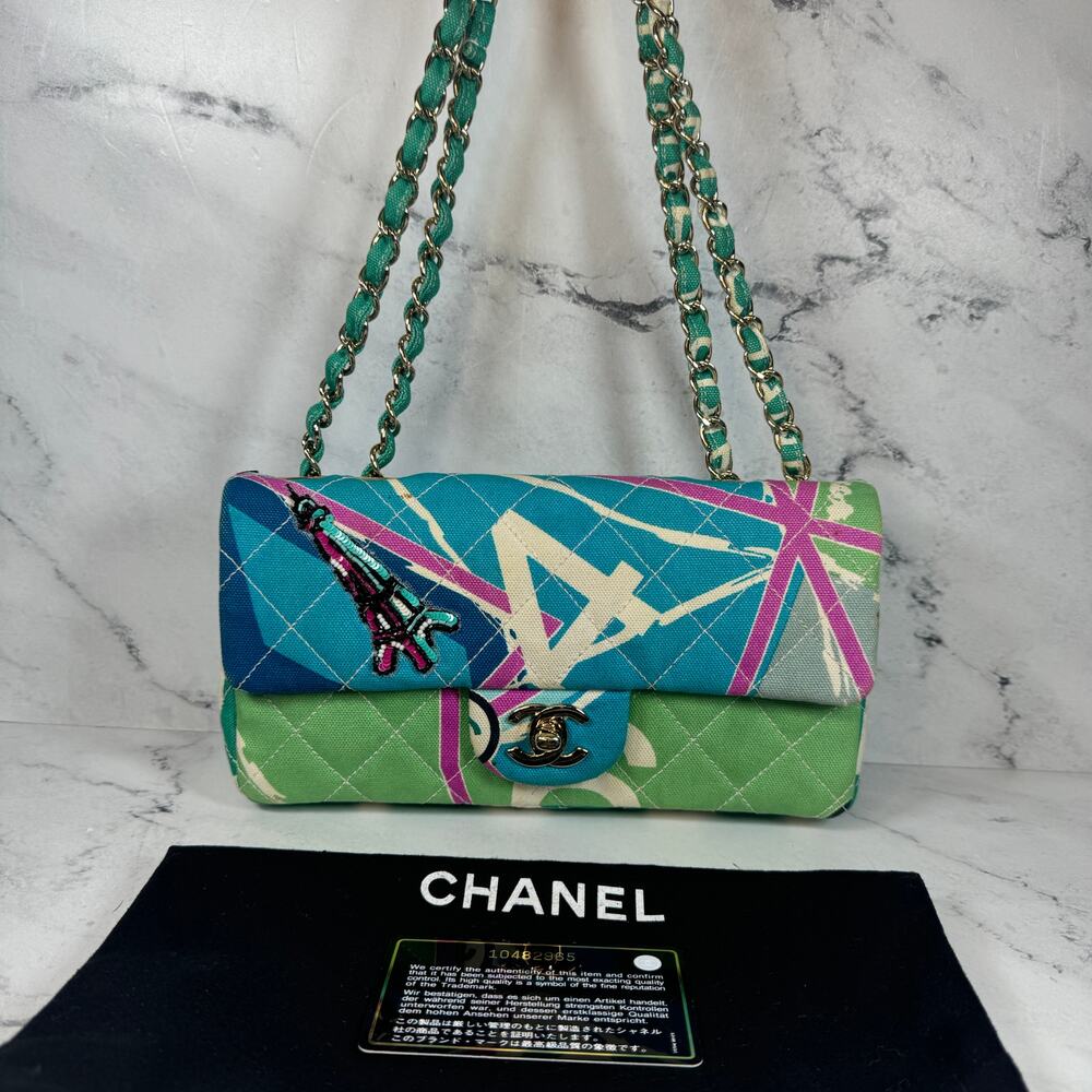 Chanel Eiffel Tower Flap Bag Vintage Paris Shoulder Purse CC Rare Quilted Canvas